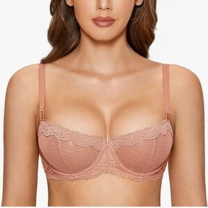 NWOT Dobreva Sheer Lace Swiss Dot Balconette Convertible Bra in Cream Coffe